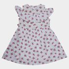 Girls' White Floral Printed Ruffle Neck Cotton Frock, ऑफ व्हाइट, small
