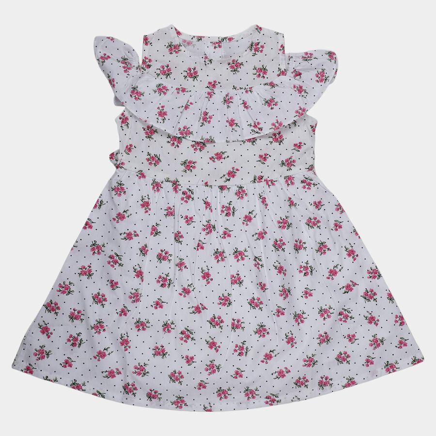 Girls' White Floral Printed Ruffle Neck Cotton Frock, ऑफ व्हाइट, large