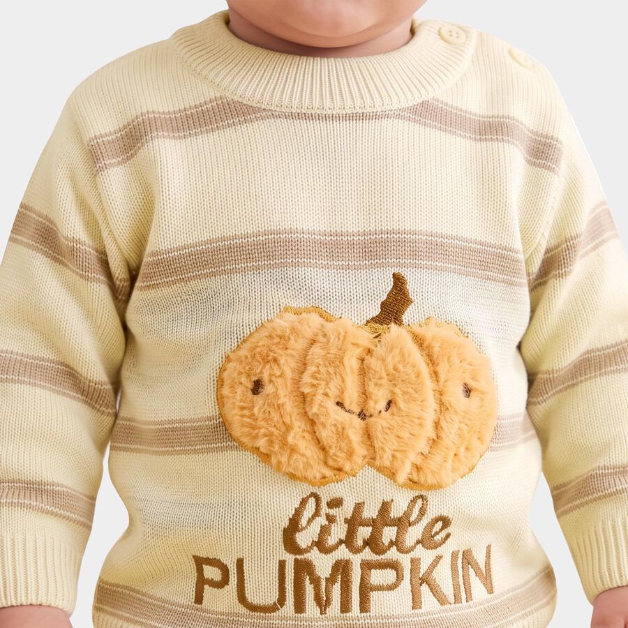 Infants' Beige Crew Neck Printed Pullover, गहरा पीला, large