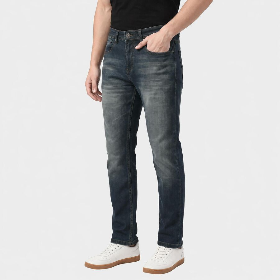 Men's Navy Blue Slim Fit Faded Jeans, Dark Blue, large