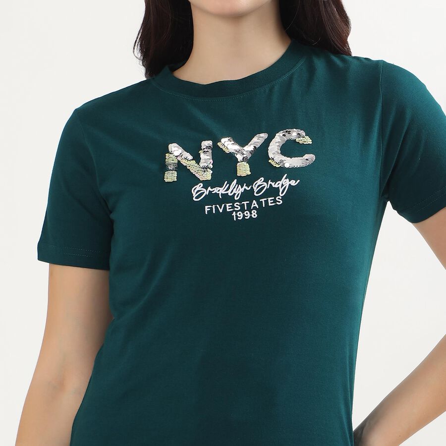 Women's Deep Green Cotton Round Neck Casual T-Shirt, Dark Green, large image number null