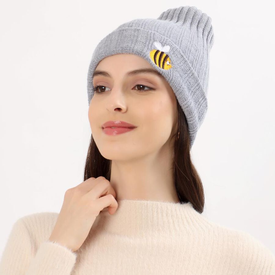 Women's Light Grey Embroidered Beanie Cap, Light Grey, large image number null