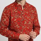 Men's Rust Cotton Mandarin Collar Floral Printed Kurta, रस्ट, small