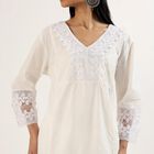 Women's White Cotton Embroidered Ethnic Set, Off White, small