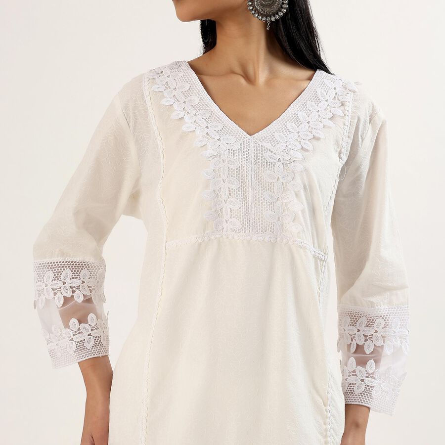 Women's White Cotton Embroidered Ethnic Set, Off White, large