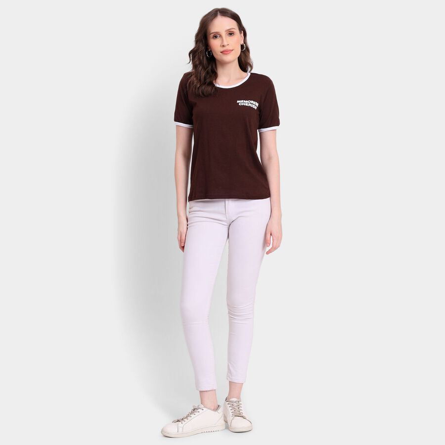 Ladies' Cotton Round Neck T-Shirt, भूरा, large image number null