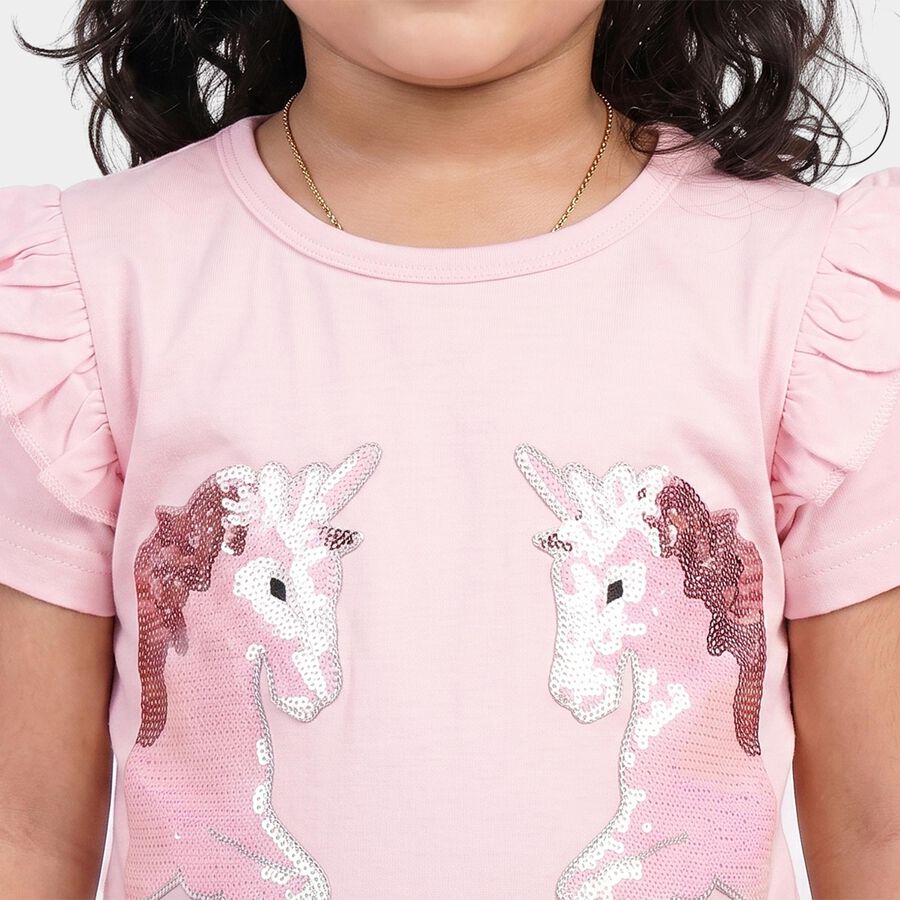 Girls Pink Cotton Round Neck Regular T-Shirt, हल्का गुलाबी, large