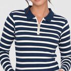 Women's Navy Blue Polo Neck Striped Regular Top, Navy Blue, small