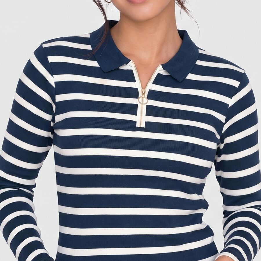 Women's Navy Blue Polo Neck Striped Regular Top, Navy Blue, large