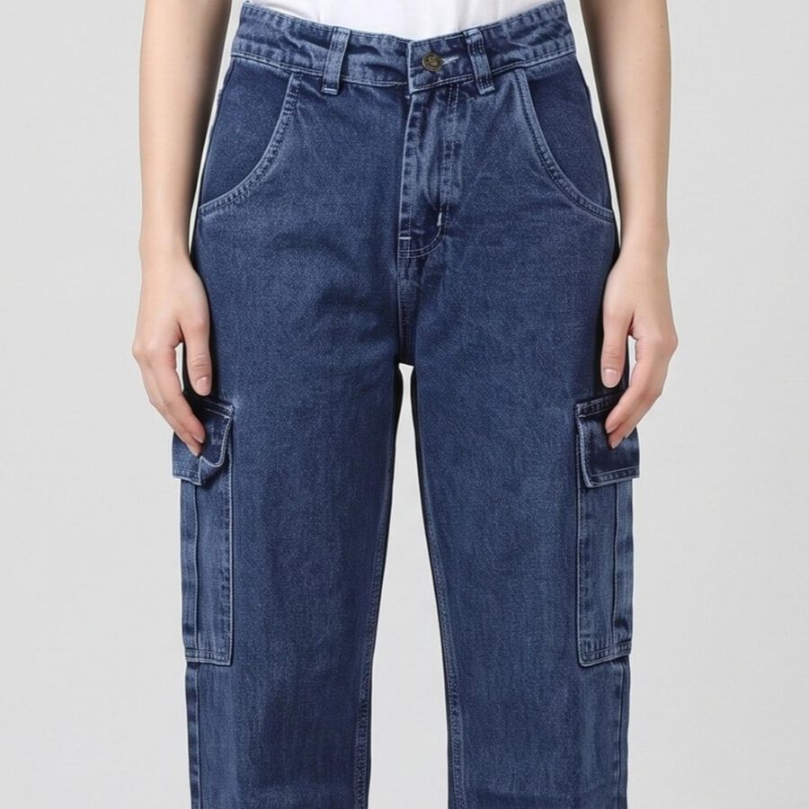 Women's Blue Relaxed Fit Cargo Jeans, Mid Blue, large