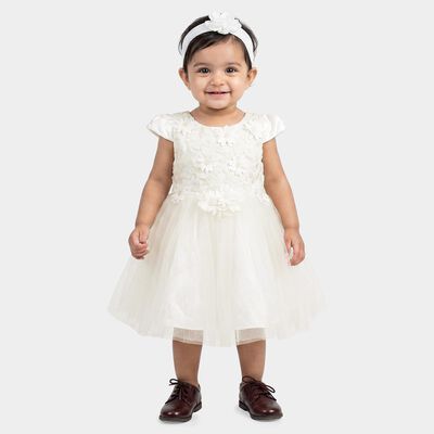 Infants' White Fit and Flare Floral Applique Party Wear Frock