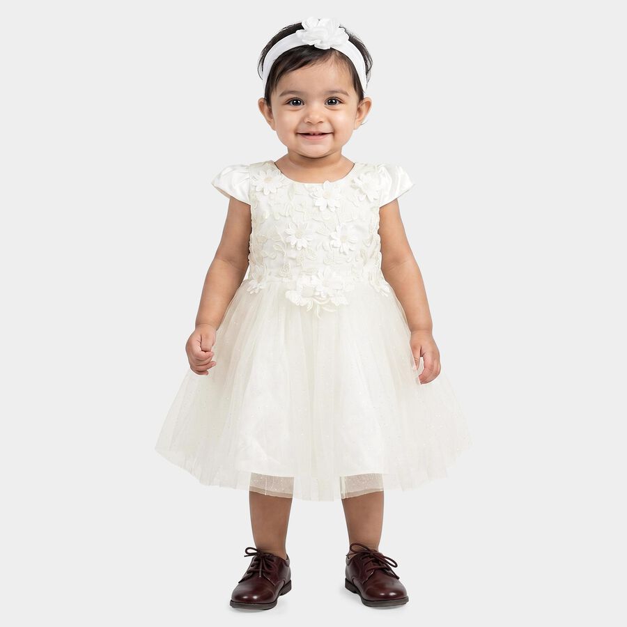 Infants' White Fit and Flare Floral Applique Party Wear Frock, सफ़ेद, large