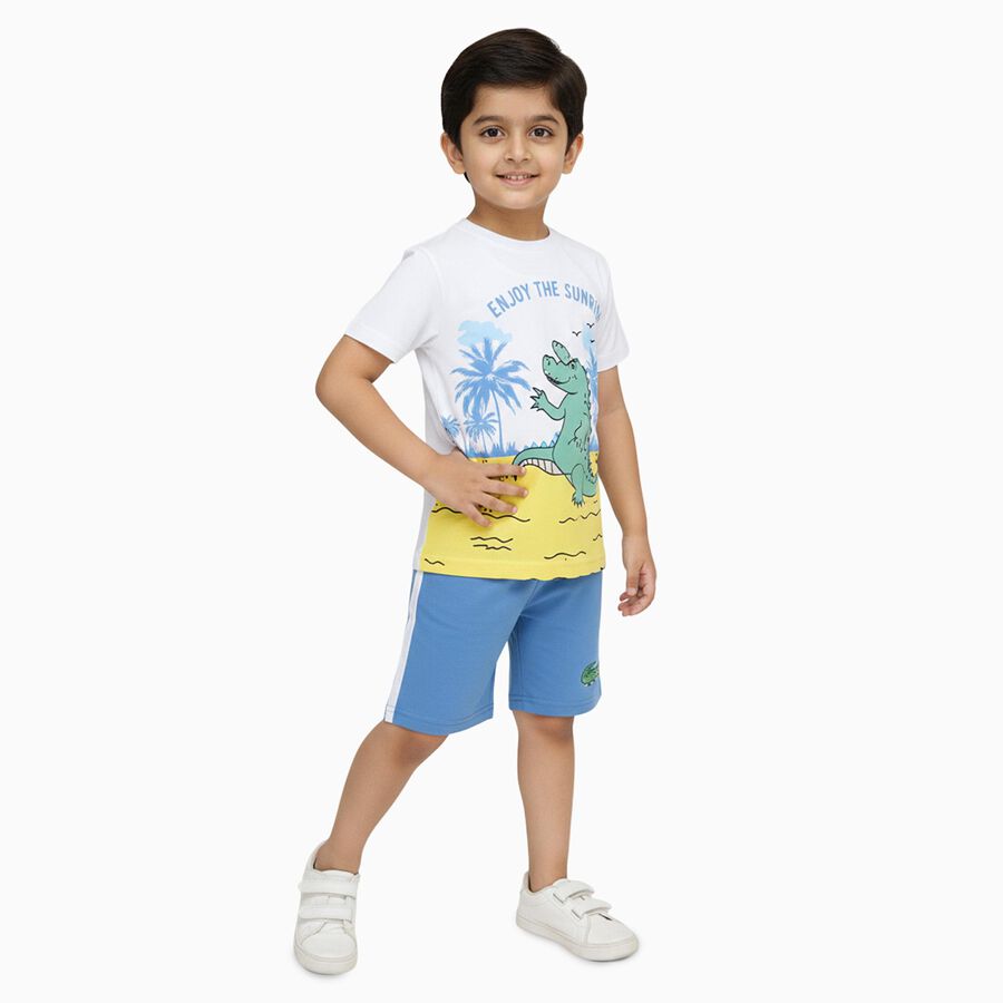 Boys' White Cotton Round Neck Cartoon Printed Baba Suit, सफ़ेद, large image number null