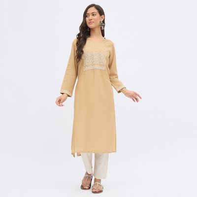 Women's Beige Round Neck Embroidered Kurta