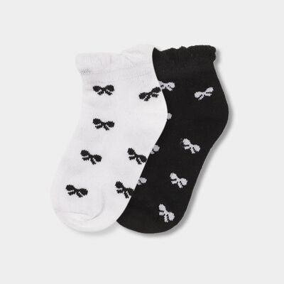 Girls' Black and White Regular Fit Bow Pattern Pack of 2 Socks