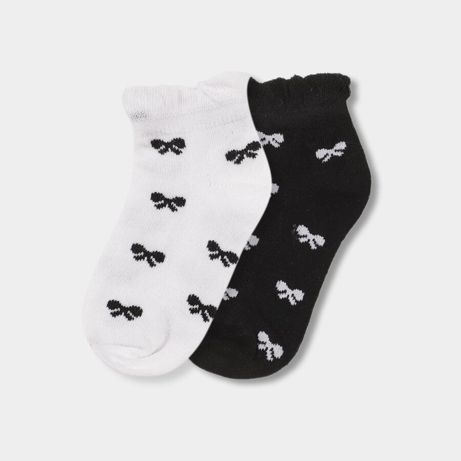 Girls' Black and White Regular Fit Bow Pattern Pack of 2 Socks, Black, large image number null