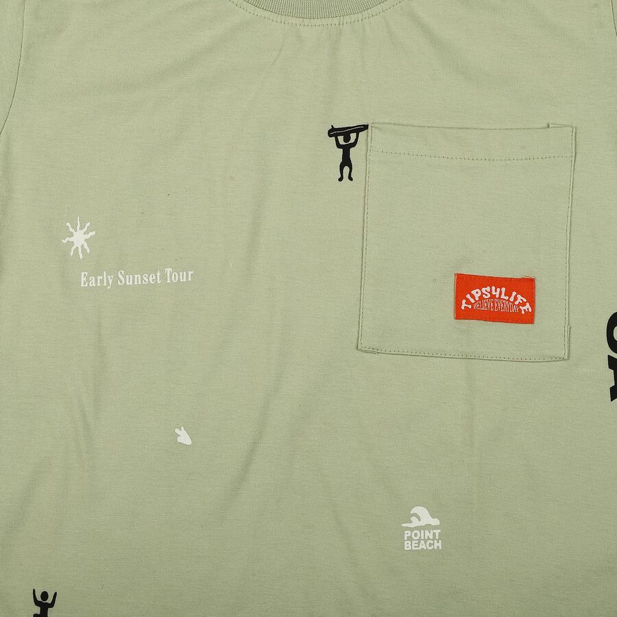 Boys Green Cotton Round Neck Casual Boys T-Shirt, Light Green, large