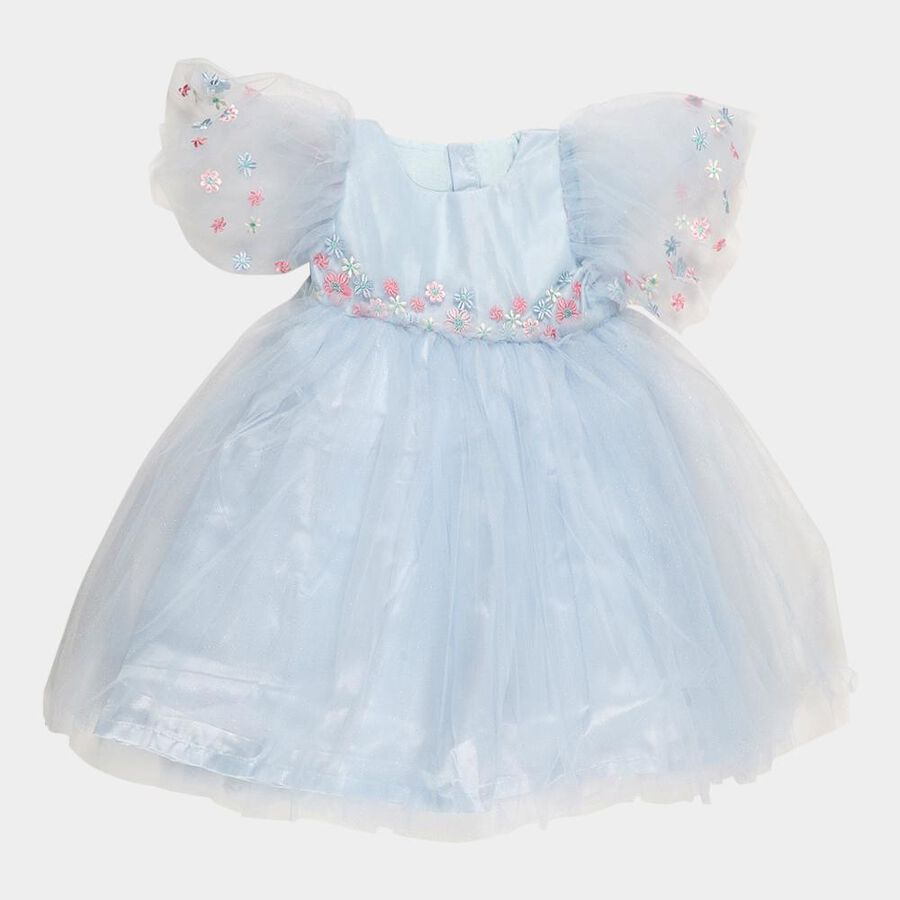 Girls' Light Sky Blue Floral Embroidered Puff Sleeve Party Frock, Light Blue, large image number null