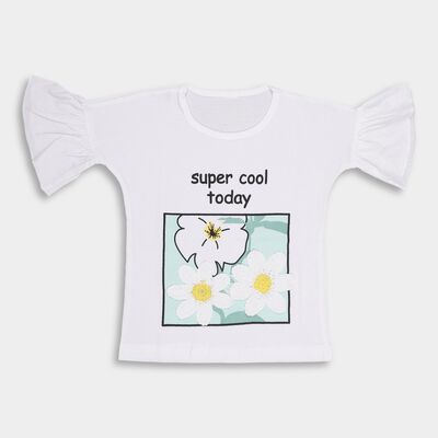 Girls' White Cotton Round Neck Casual T-Shirt