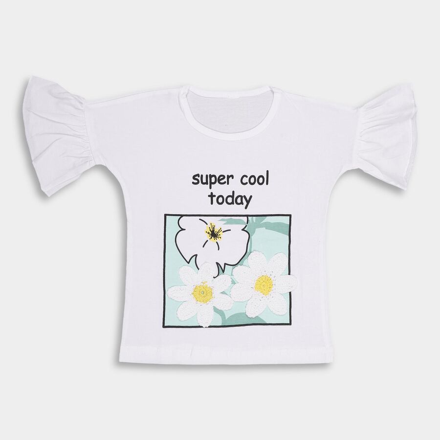 Girls' White Cotton Round Neck Casual T-Shirt, White, large image number null