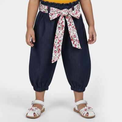 Girls' Navy Blue Cotton Blend Floral Belt Capri