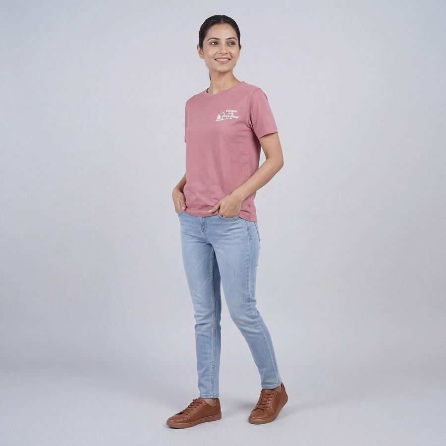 Women's Pink Round Neck Casual T-Shirt, Pink, large