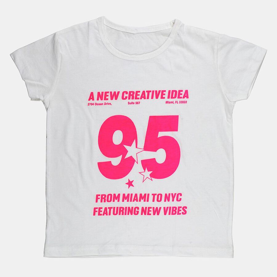 Girls' White Cotton Blend Round Neck Casual Graphic Printed T-Shirt, सफ़ेद, large