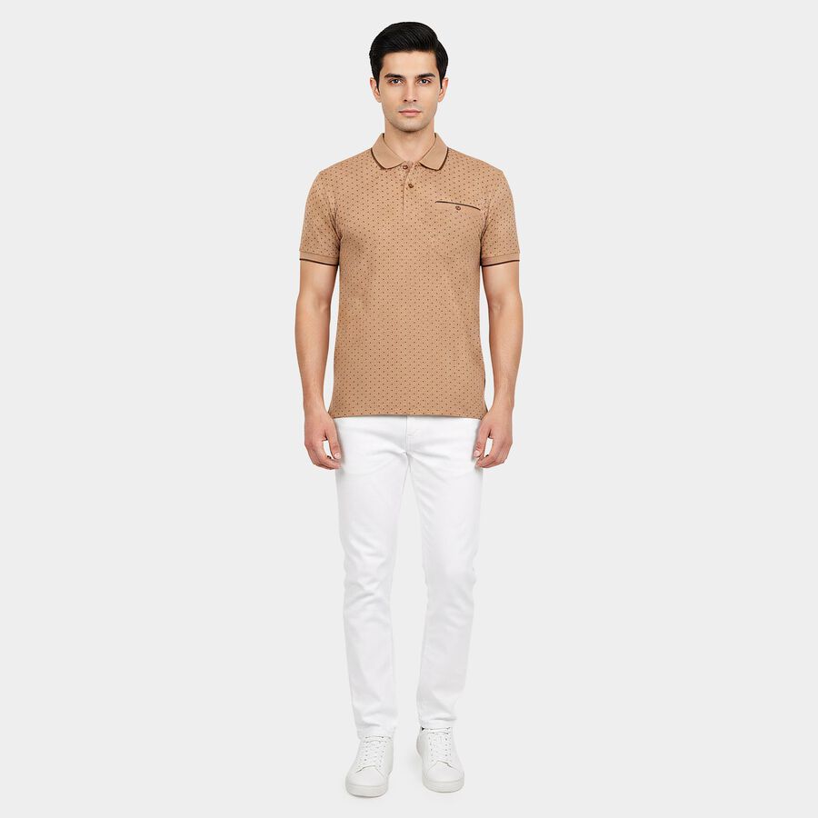 Men Brown Cotton Polo Neck Printed T-Shirt, भूरा, large