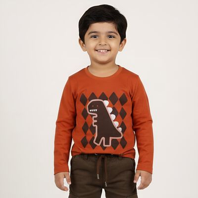Boys' Rust Orange Cotton Dinosaur Printed Baba Suit