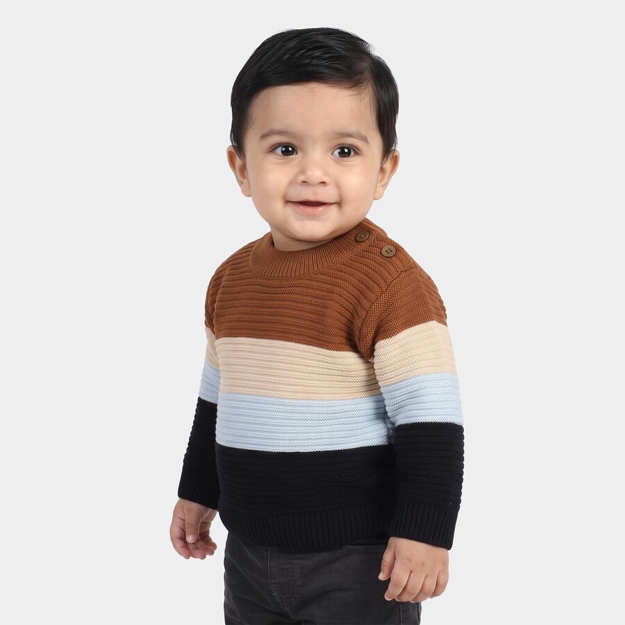 Infants' Brown Crew Neck Striped Pullover, भूरा, large