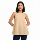 Women's Beige Cotton Halter Neck Floral Printed A-Line Kurti, गहरा पीला, small