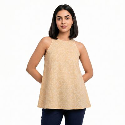 Women's Beige Cotton Halter Neck Floral Printed A-Line Kurti
