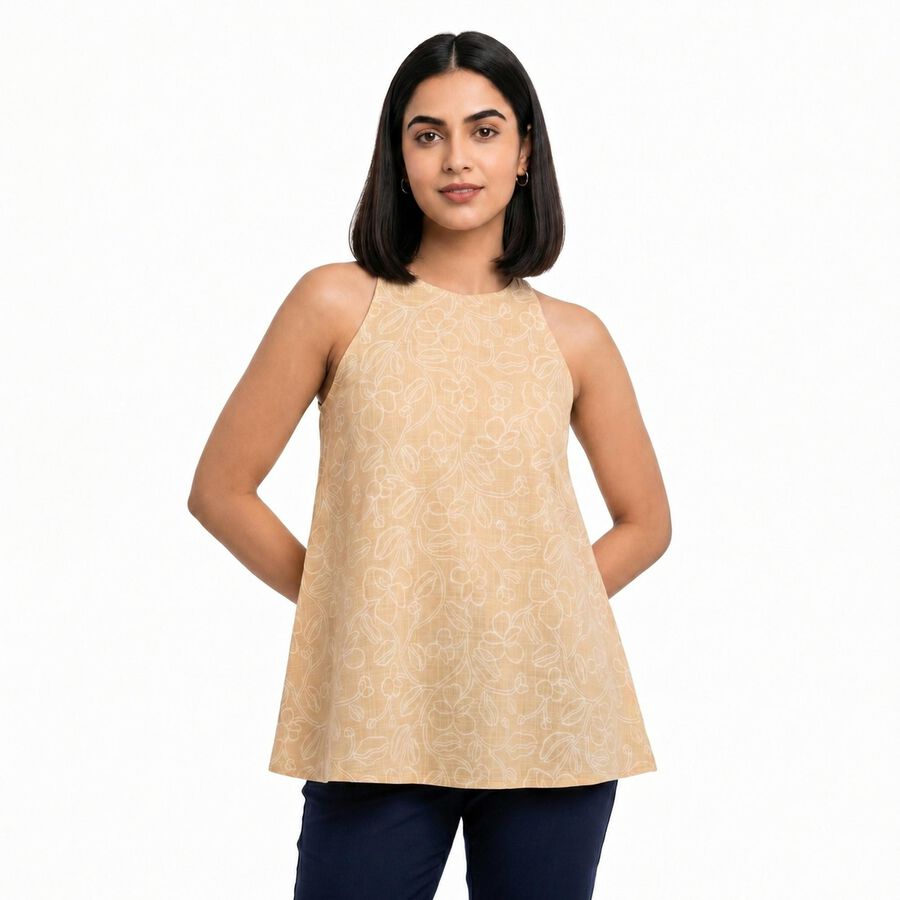 Women's Beige Cotton Halter Neck Floral Printed A-Line Kurti, गहरा पीला, large