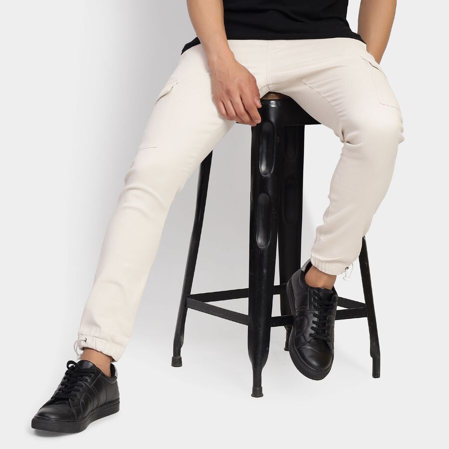 Men's Slim Fit Casual Trousers, Ecru Melange, large image number null