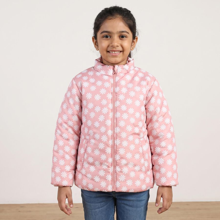 Girls' Pink Stand Collar Puffer Jacket, Pink, large