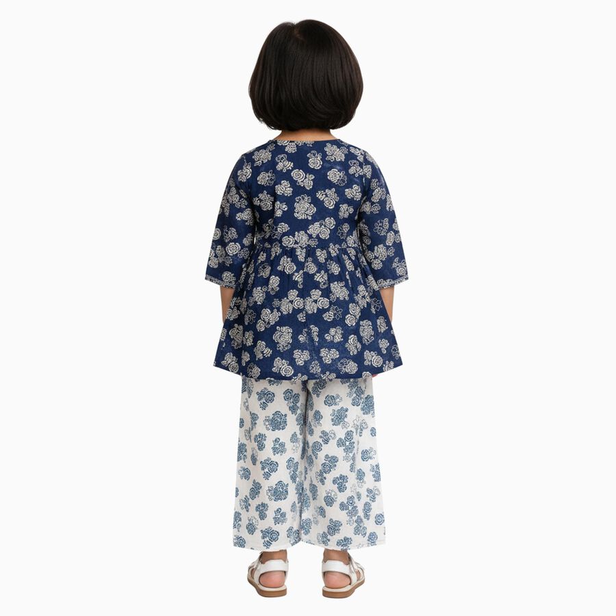 Girls' Deep Navy Blue Wrap-Style Floral Printed Kurta and Palazzo Fusion Set, Navy Blue, large