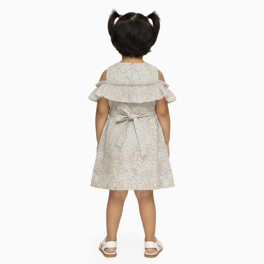 Girls' Pastel Floral Cold Shoulder Ruffle Frock, Off White, large image number null