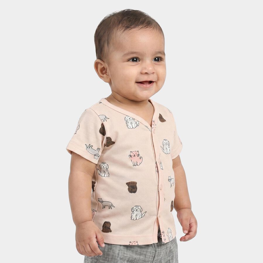 Infants Beige Cotton V-Neck Regular T-Shirt, गहरा पीला, large