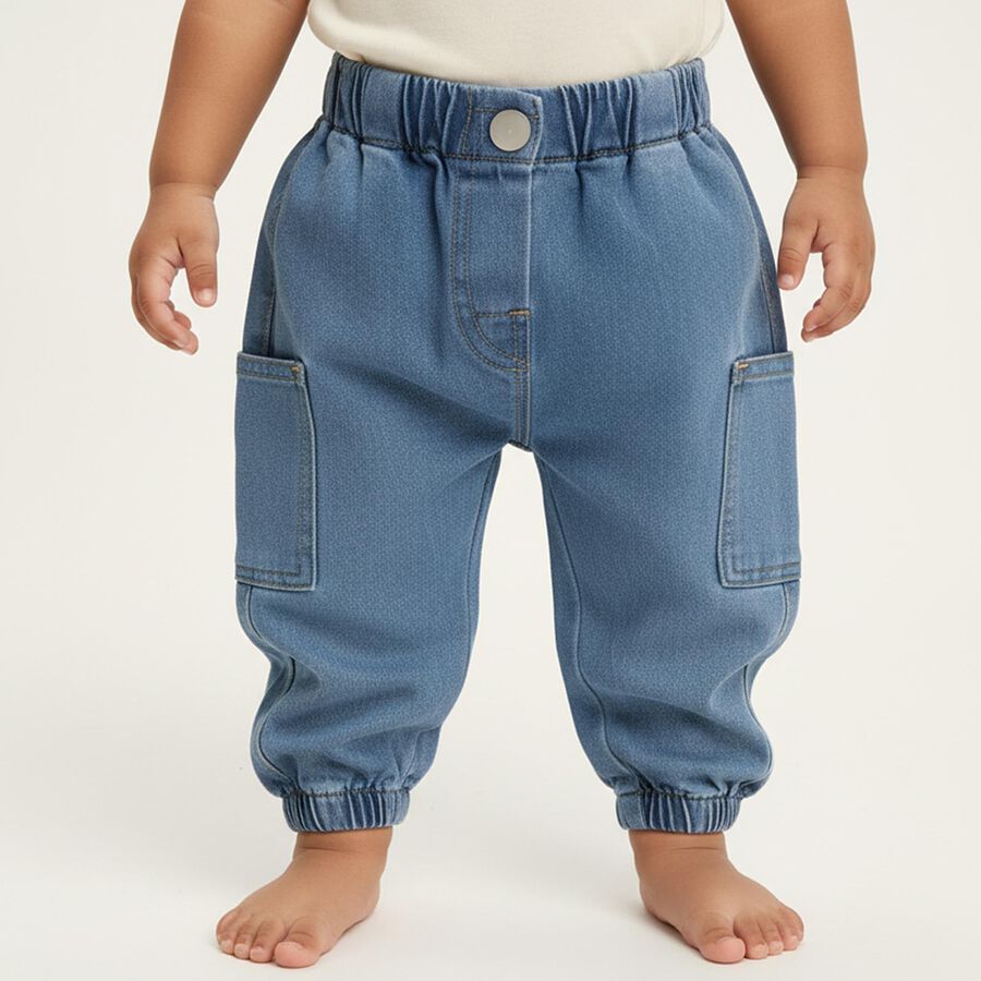 Infants Light Blue Relaxed Fit Cargo Jeans, Mid Blue, large