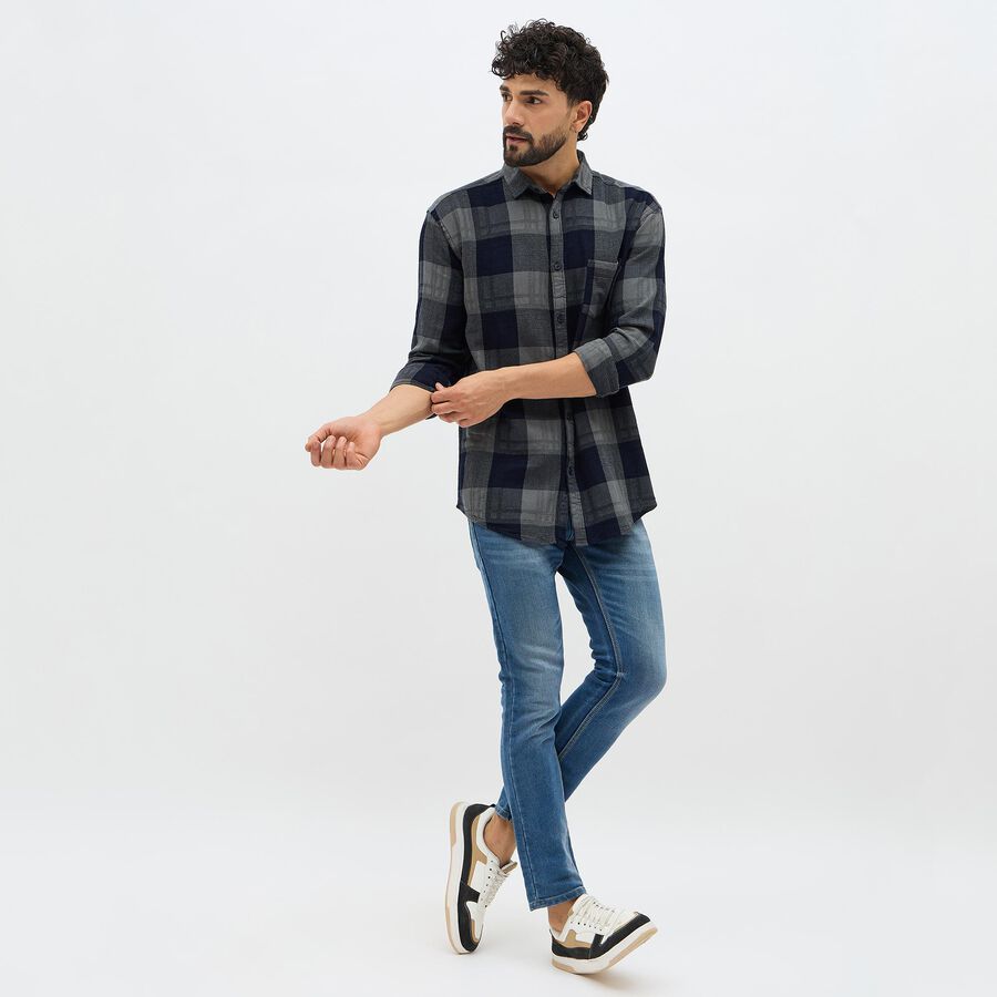 Men's Navy Blue and Grey Cotton Spread Collar Casual Shirt, नेवी ब्लू, large image number null