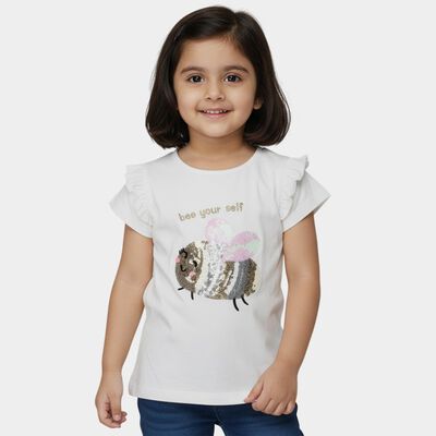 Girls' White Cotton Round Neck Casual T-Shirt