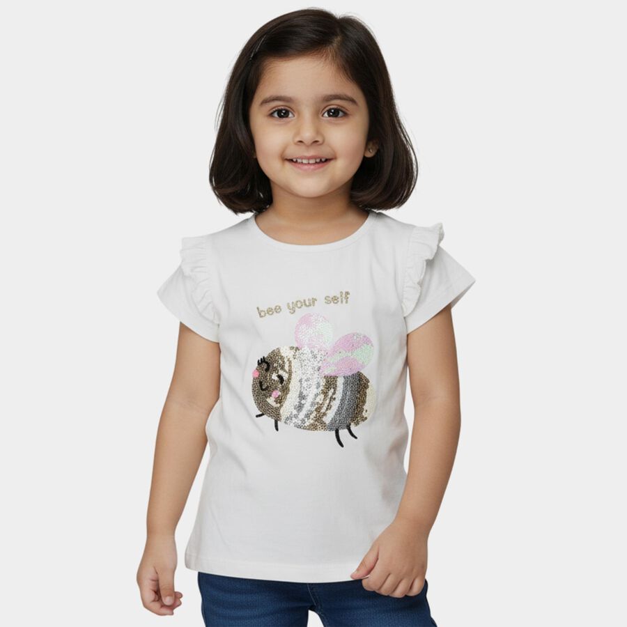 Girls' White Cotton Round Neck Casual T-Shirt, सफ़ेद, large