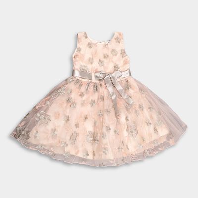 Girls' Soft Peach Embroidered Party Wear Frock