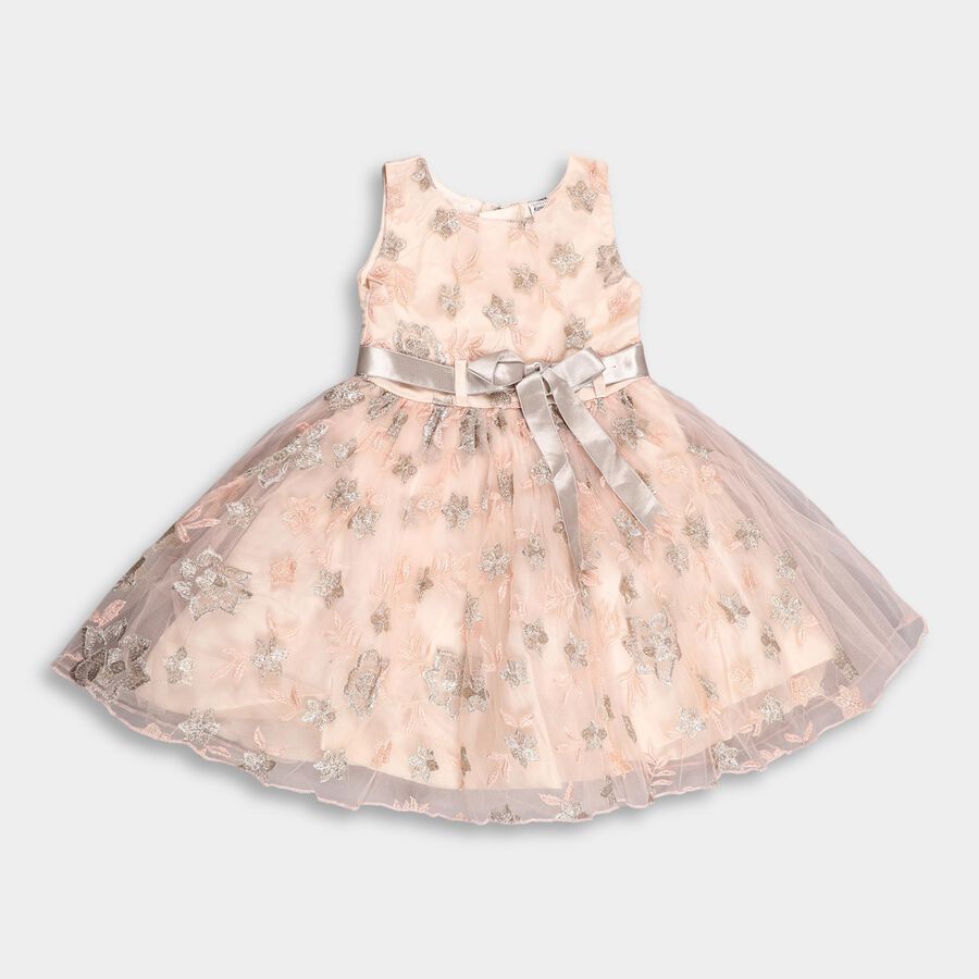 Girls' Soft Peach Embroidered Party Wear Frock, Light Pink, large image number null