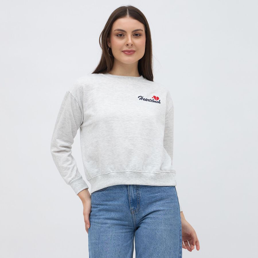 Women's Light Grey Crew Neck Casual Sweatshirt, Melange Light Grey, large image number null