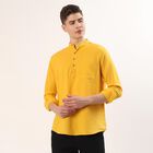 Men's Yellow 100% Cotton Mandarin Collar Textured Kurta, मस्टर्ड, small