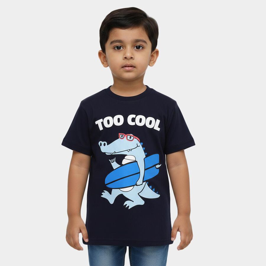 Boys Navy Blue Cotton Crew Neck Casual T-Shirt, Navy Blue, large