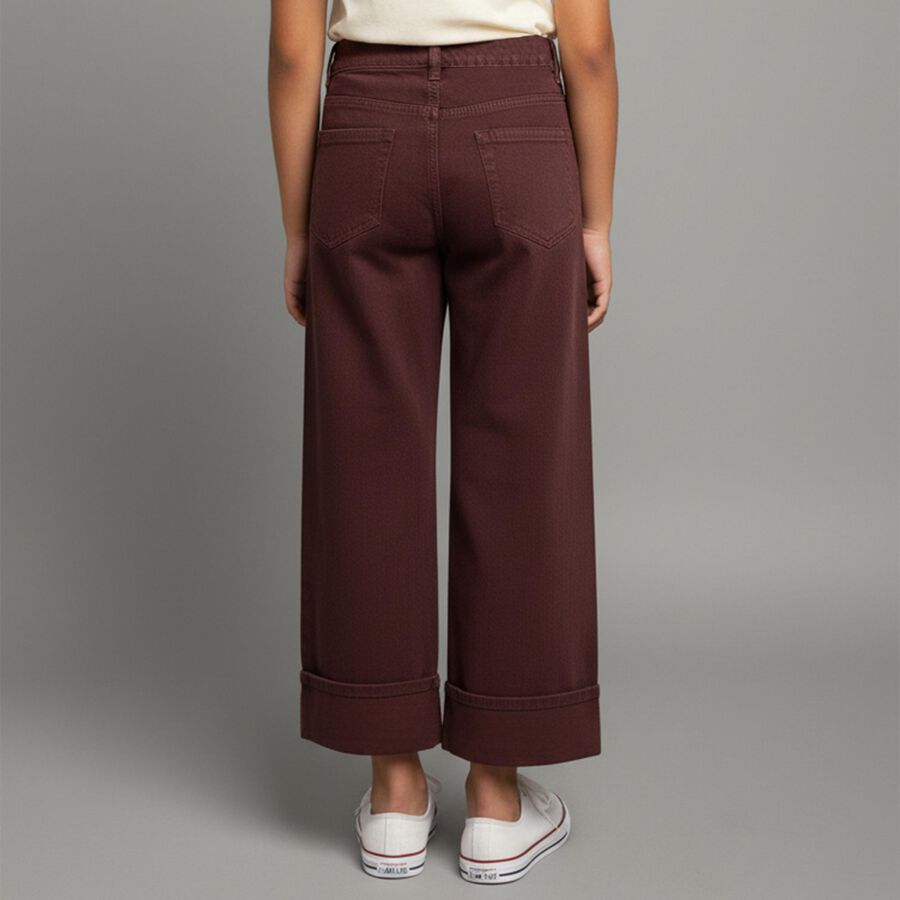 Girls' Deep Burgundy Wide Leg Cotton Jeans, वाइन, large image number null