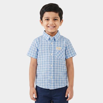 Boys Light Blue Cotton Checked Casual Shirt