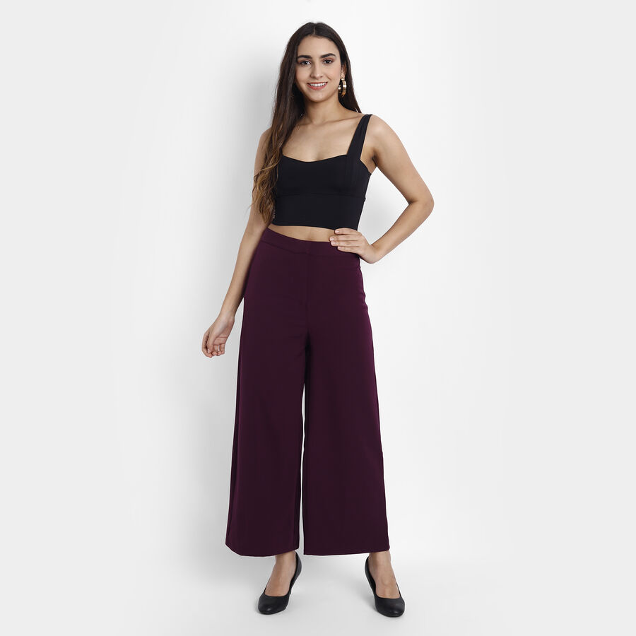 Solid Flared High Rise Trousers, Wine, large image number null
